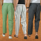 COMBO OF 3 MEN STRIPE COTTON HANDLOOM PANT GRAY BLACK AND OLIVE GREEN