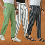COMBO OF 3 MEN STRIPE COTTON HANDLOOM PANT GRAY BLACK AND OLIVE GREEN