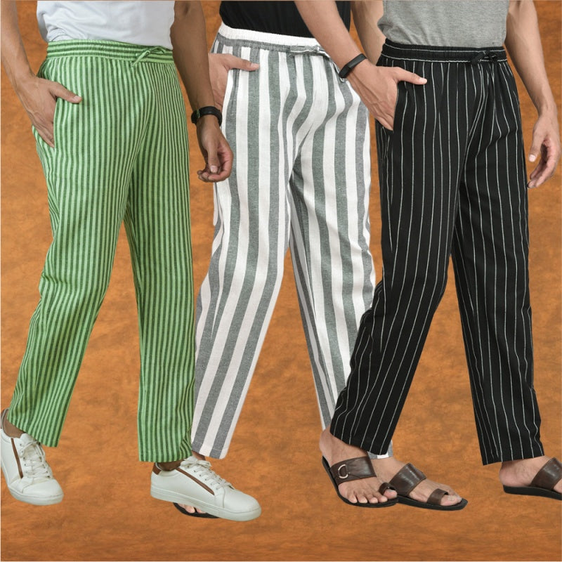 COMBO OF 3 MEN STRIPE COTTON HANDLOOM PANT GRAY BLACK AND OLIVE GREEN