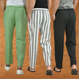 COMBO OF 3 MEN STRIPE COTTON HANDLOOM PANT GRAY BLACK AND OLIVE GREEN
