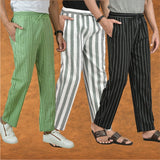 COMBO OF 3 MEN STRIPE COTTON HANDLOOM PANT GRAY BLACK AND OLIVE GREEN