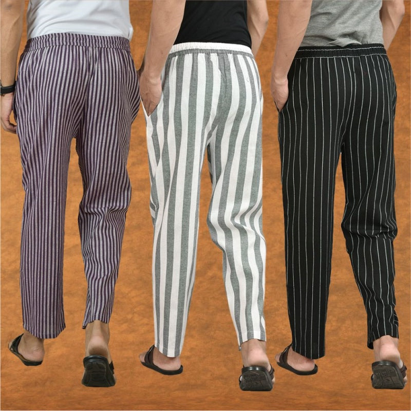 COMBO OF 3 MEN STRIPE COTTON HANDLOOM PANT GRAY BLACK AND PURPLE-