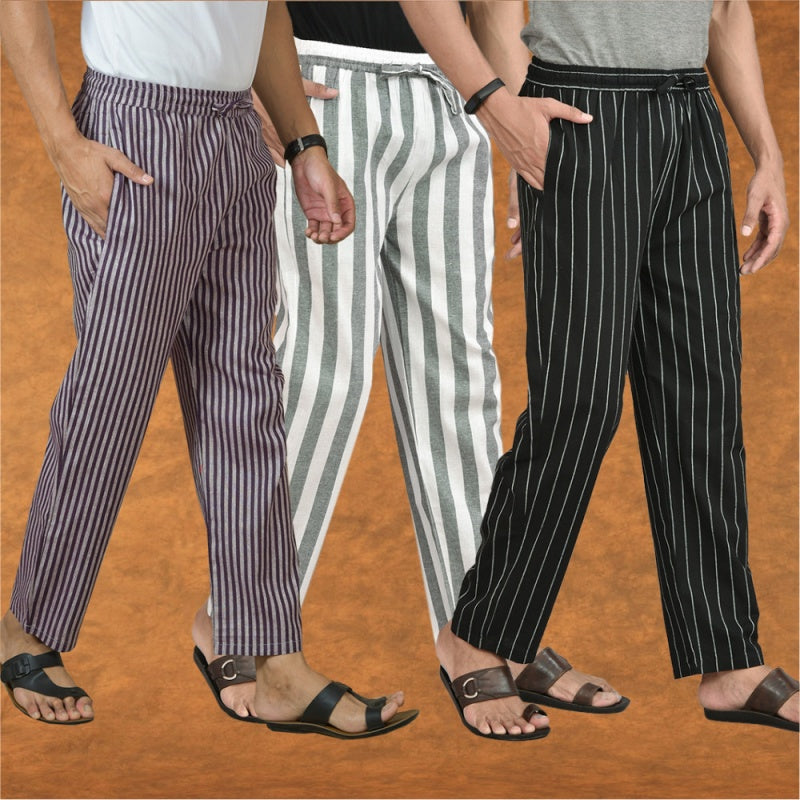 COMBO OF 3 MEN STRIPE COTTON HANDLOOM PANT GRAY BLACK AND PURPLE-