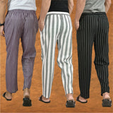 COMBO OF 3 MEN STRIPE COTTON HANDLOOM PANT GRAY BLACK AND PURPLE-