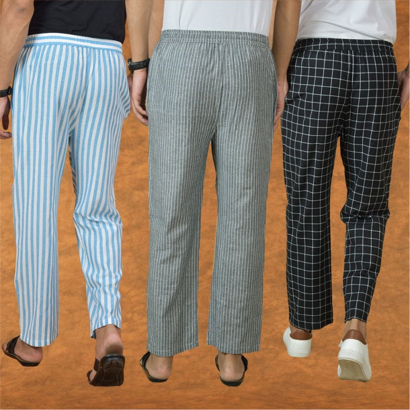 COMBO OF 3 MEN STRIPE COTTON HANDLOOM PANT GRAY BLACK AND SKY BLUE