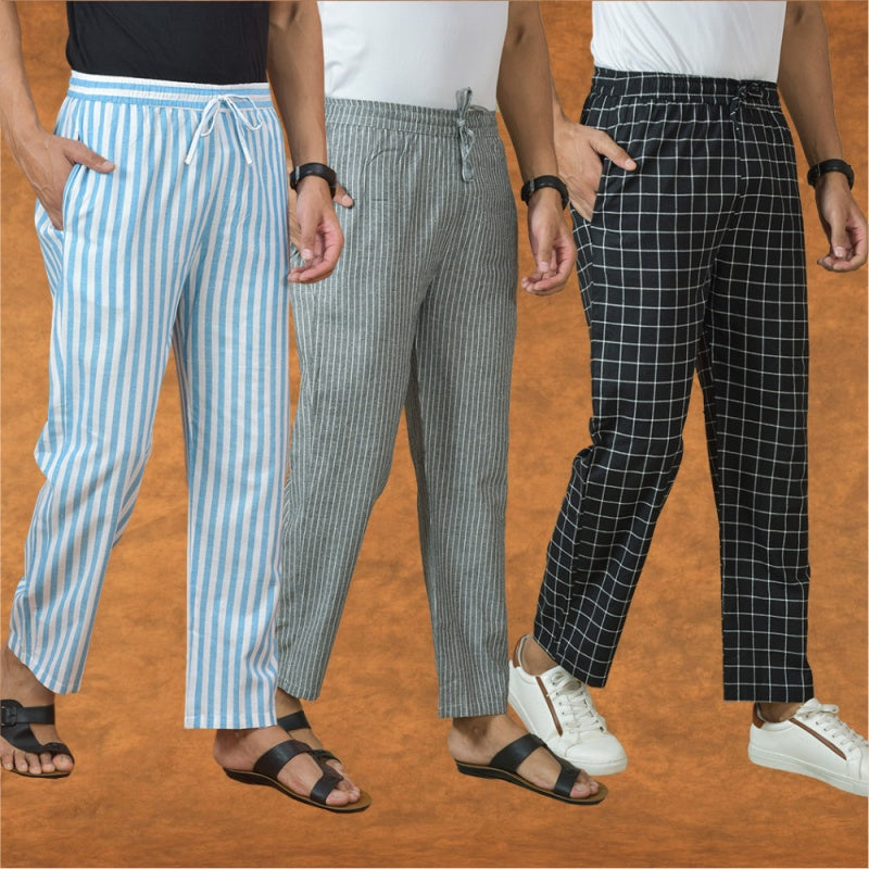 COMBO OF 3 MEN STRIPE COTTON HANDLOOM PANT GRAY BLACK AND SKY BLUE