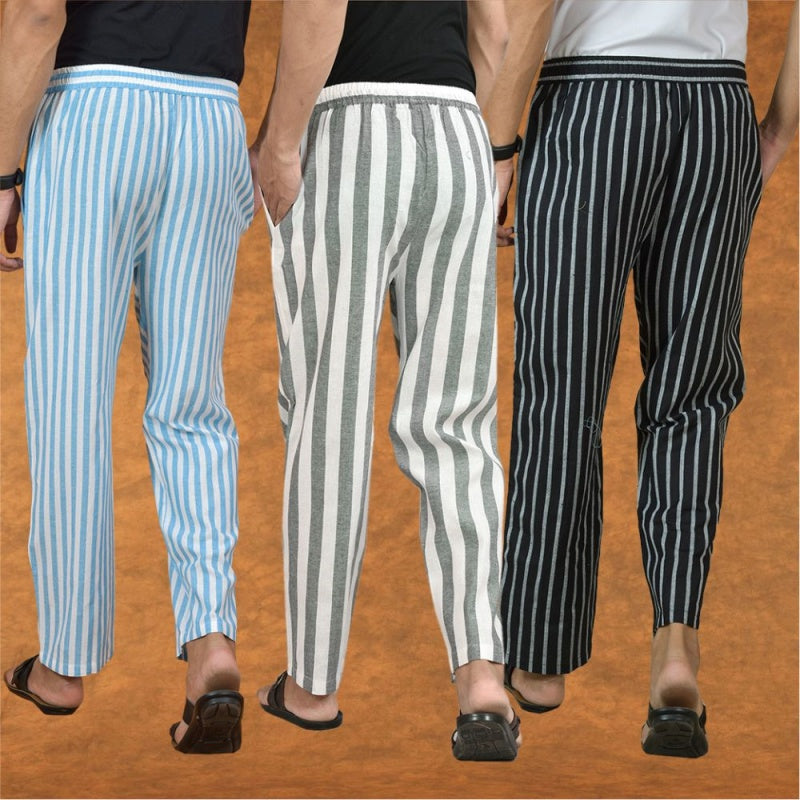 COMBO OF 3 MEN STRIPE COTTON HANDLOOM PANT GRAY BLACK AND SKY BLUE