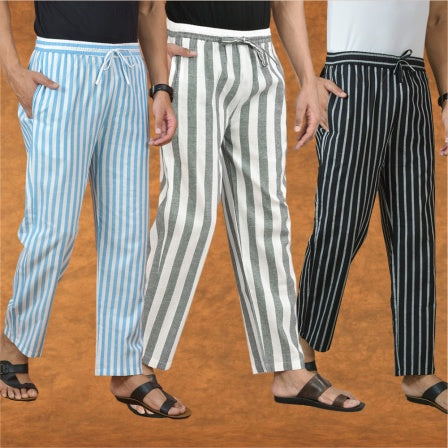 COMBO OF 3 MEN STRIPE COTTON HANDLOOM PANT GRAY BLACK AND SKY BLUE