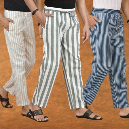 COMBO OF 3 MEN STRIPE COTTON HANDLOOM PANT GRAY BLUE AND BEIGE