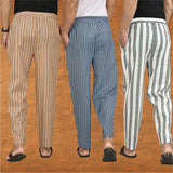 COMBO OF 3 MEN STRIPE COTTON HANDLOOM PANT GRAY BLUE AND BEIGE