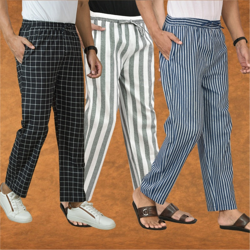 COMBO OF 3 MEN STRIPE COTTON HANDLOOM PANT GRAY BLUE AND BLACK