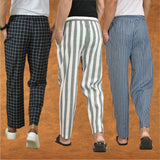 COMBO OF 3 MEN STRIPE COTTON HANDLOOM PANT GRAY BLUE AND BLACK
