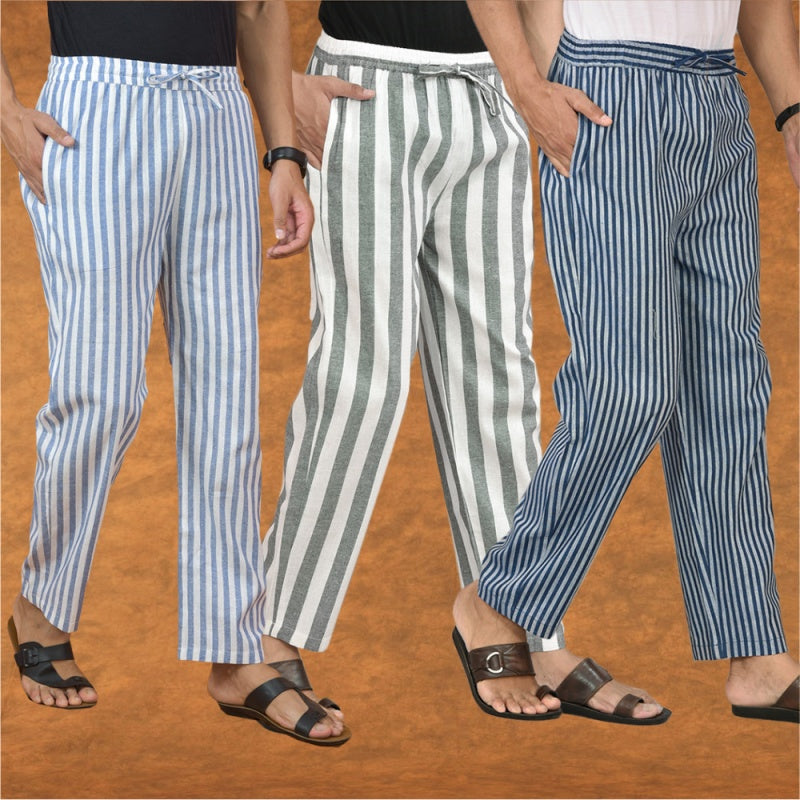 COMBO OF 3 MEN STRIPE COTTON HANDLOOM PANT GRAY BLUE AND BLUE