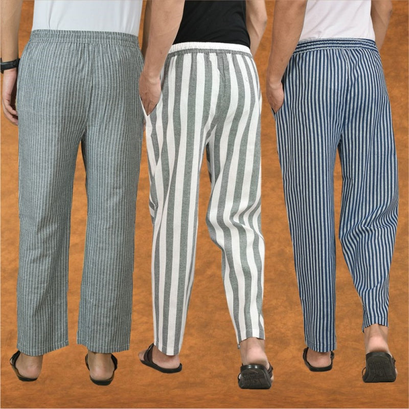 COMBO OF 3 MEN STRIPE COTTON HANDLOOM PANT GRAY BLUE AND GRAY