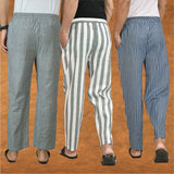 COMBO OF 3 MEN STRIPE COTTON HANDLOOM PANT GRAY BLUE AND GRAY