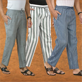 COMBO OF 3 MEN STRIPE COTTON HANDLOOM PANT GRAY BLUE AND GRAY