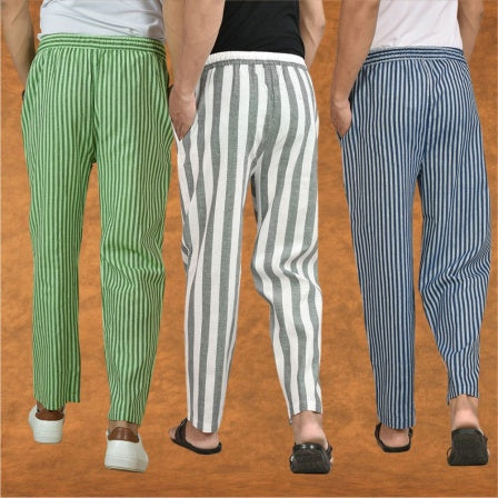COMBO OF 3 MEN STRIPE COTTON HANDLOOM PANT GRAY BLUE AND OLIVE GREEN