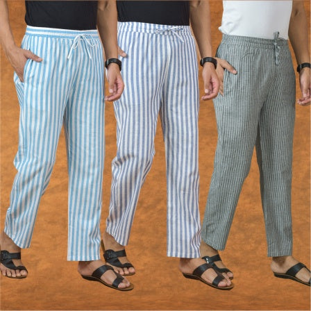 COMBO OF 3 MEN STRIPE COTTON HANDLOOM PANT GRAY BLUE AND SKY BLUE