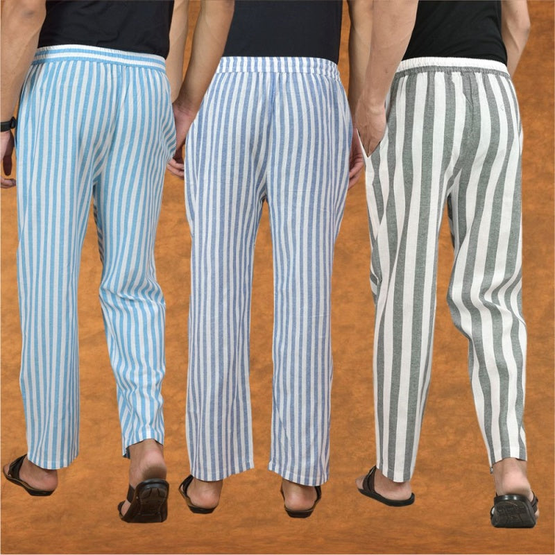 COMBO OF 3 MEN STRIPE COTTON HANDLOOM PANT GRAY BLUE AND SKY BLUE-