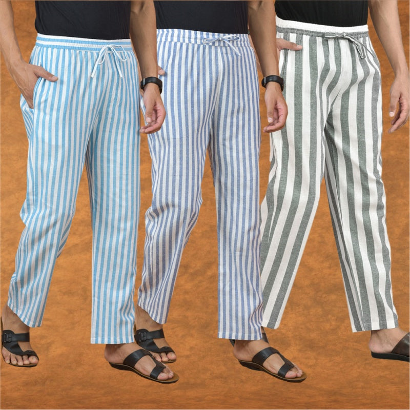 COMBO OF 3 MEN STRIPE COTTON HANDLOOM PANT GRAY BLUE AND SKY BLUE-