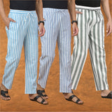 COMBO OF 3 MEN STRIPE COTTON HANDLOOM PANT GRAY BLUE AND SKY BLUE-