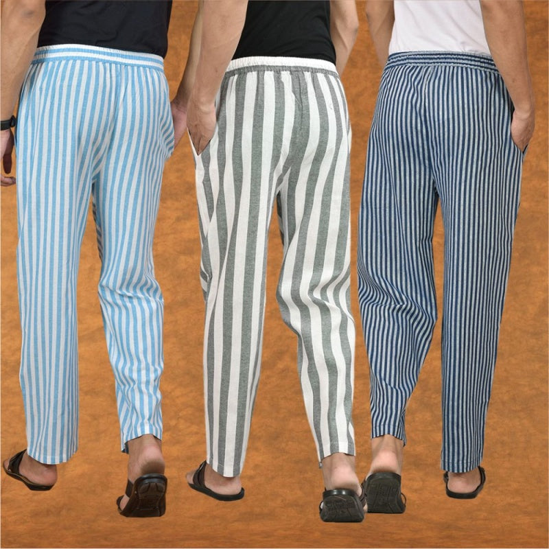 COMBO OF 3 MEN STRIPE COTTON HANDLOOM PANT GRAY BLUE AND SKY BLUE-