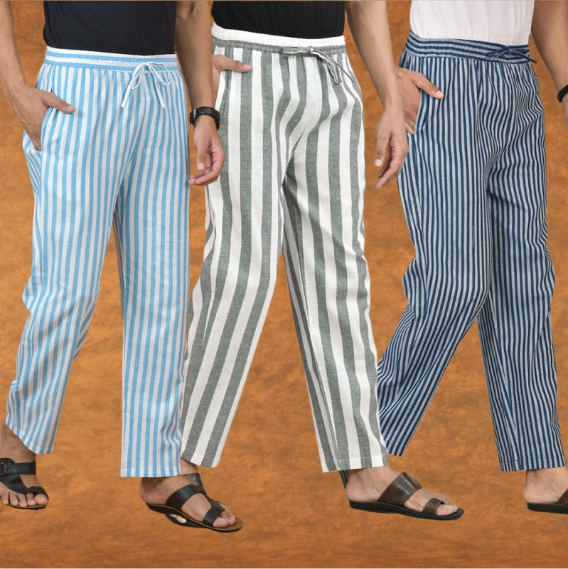 COMBO OF 3 MEN STRIPE COTTON HANDLOOM PANT GRAY BLUE AND SKY BLUE-