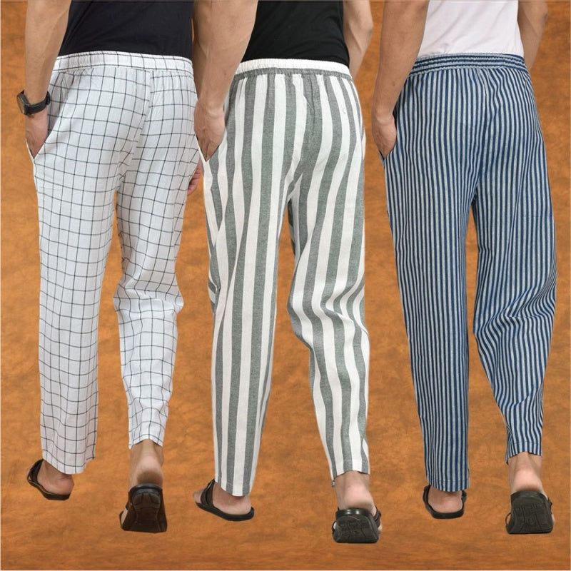 COMBO OF 3 MEN STRIPE COTTON HANDLOOM PANT GRAY BLUE AND WHITE
