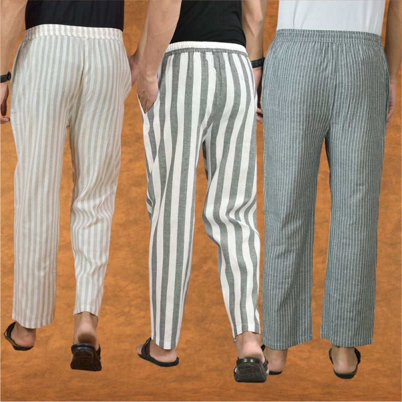 COMBO OF 3 MEN STRIPE COTTON HANDLOOM PANT GRAY GRAY AND BEIGE