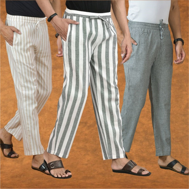 COMBO OF 3 MEN STRIPE COTTON HANDLOOM PANT GRAY GRAY AND BEIGE