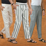COMBO OF 3 MEN STRIPE COTTON HANDLOOM PANT GRAY GRAY AND BEIGE