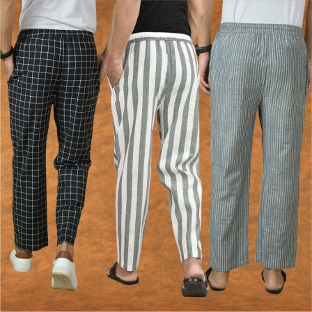 COMBO OF 3 MEN STRIPE COTTON HANDLOOM PANT GRAY GRAY AND BLACK