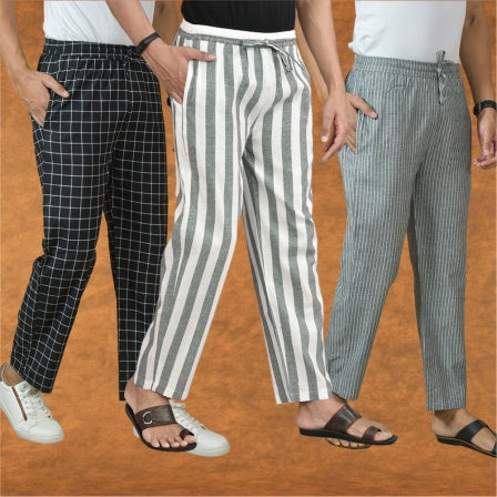 COMBO OF 3 MEN STRIPE COTTON HANDLOOM PANT GRAY GRAY AND BLACK