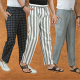 COMBO OF 3 MEN STRIPE COTTON HANDLOOM PANT GRAY GRAY AND BLACK