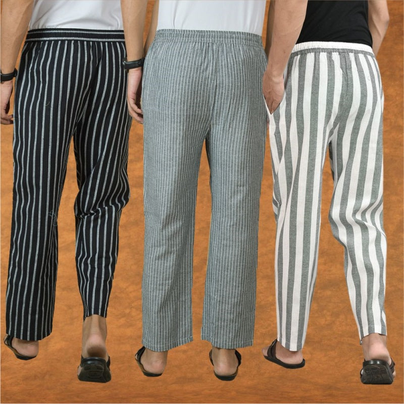 COMBO OF 3 MEN STRIPE COTTON HANDLOOM PANT GRAY GRAY AND BLACK