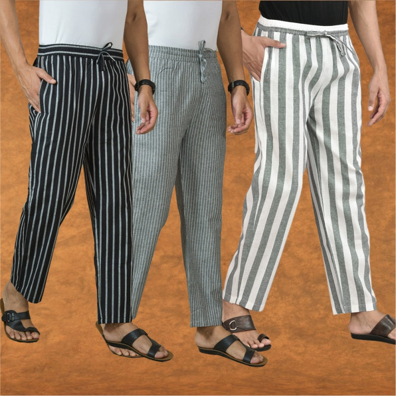 COMBO OF 3 MEN STRIPE COTTON HANDLOOM PANT GRAY GRAY AND BLACK