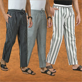 COMBO OF 3 MEN STRIPE COTTON HANDLOOM PANT GRAY GRAY AND BLACK