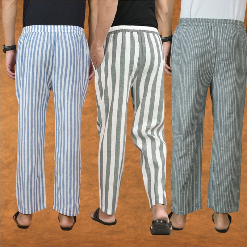 COMBO OF 3 MEN STRIPE COTTON HANDLOOM PANT GRAY GRAY AND BLUE