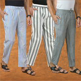 COMBO OF 3 MEN STRIPE COTTON HANDLOOM PANT GRAY GRAY AND BLUE