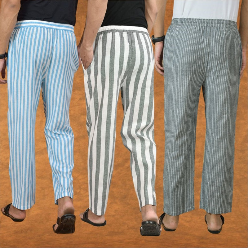COMBO OF 3 MEN STRIPE COTTON HANDLOOM PANT GRAY GRAY AND SKY BLUE-