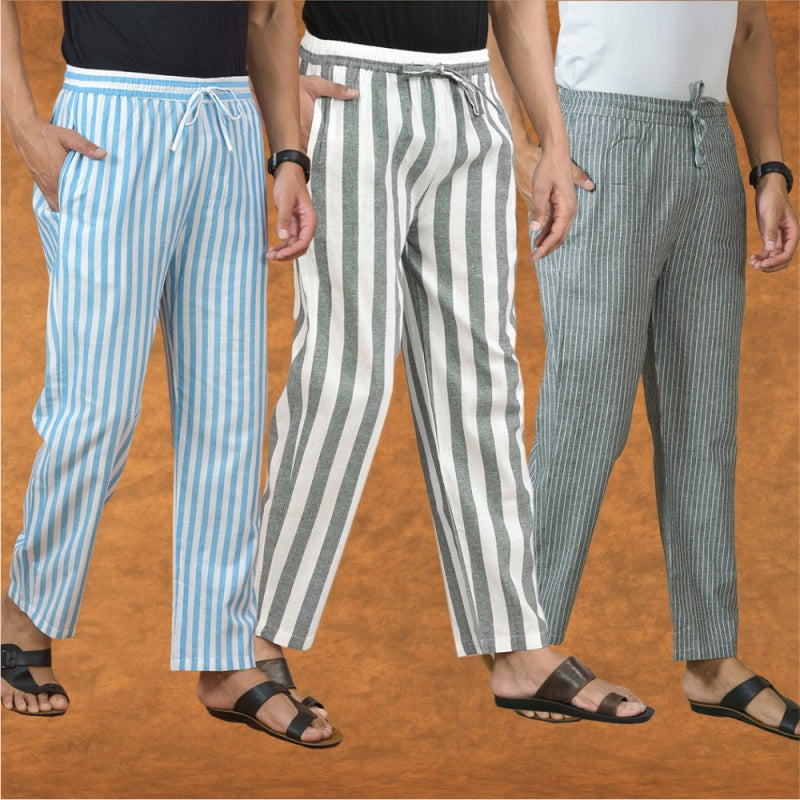 COMBO OF 3 MEN STRIPE COTTON HANDLOOM PANT GRAY GRAY AND SKY BLUE-