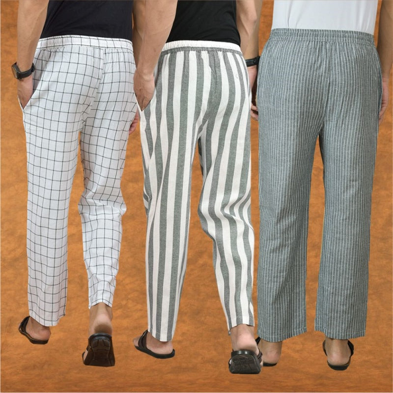 COMBO OF 3 MEN STRIPE COTTON HANDLOOM PANT GRAY GRAY AND WHITE