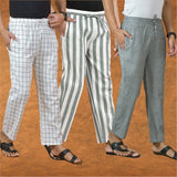 COMBO OF 3 MEN STRIPE COTTON HANDLOOM PANT GRAY GRAY AND WHITE