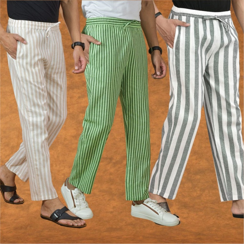 COMBO OF 3 MEN STRIPE COTTON HANDLOOM PANT GRAY OLIVE GREEN AND BEIGE