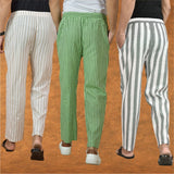 COMBO OF 3 MEN STRIPE COTTON HANDLOOM PANT GRAY OLIVE GREEN AND BEIGE