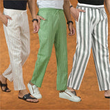 COMBO OF 3 MEN STRIPE COTTON HANDLOOM PANT GRAY OLIVE GREEN AND BEIGE