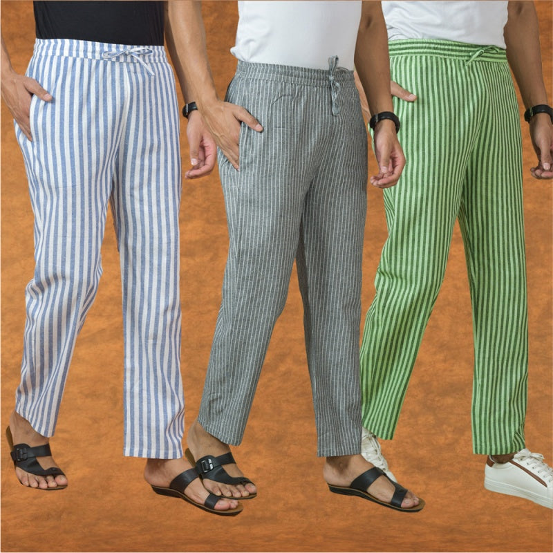 COMBO OF 3 MEN STRIPE COTTON HANDLOOM PANT GRAY OLIVE GREEN AND BLUE