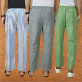 COMBO OF 3 MEN STRIPE COTTON HANDLOOM PANT GRAY OLIVE GREEN AND BLUE