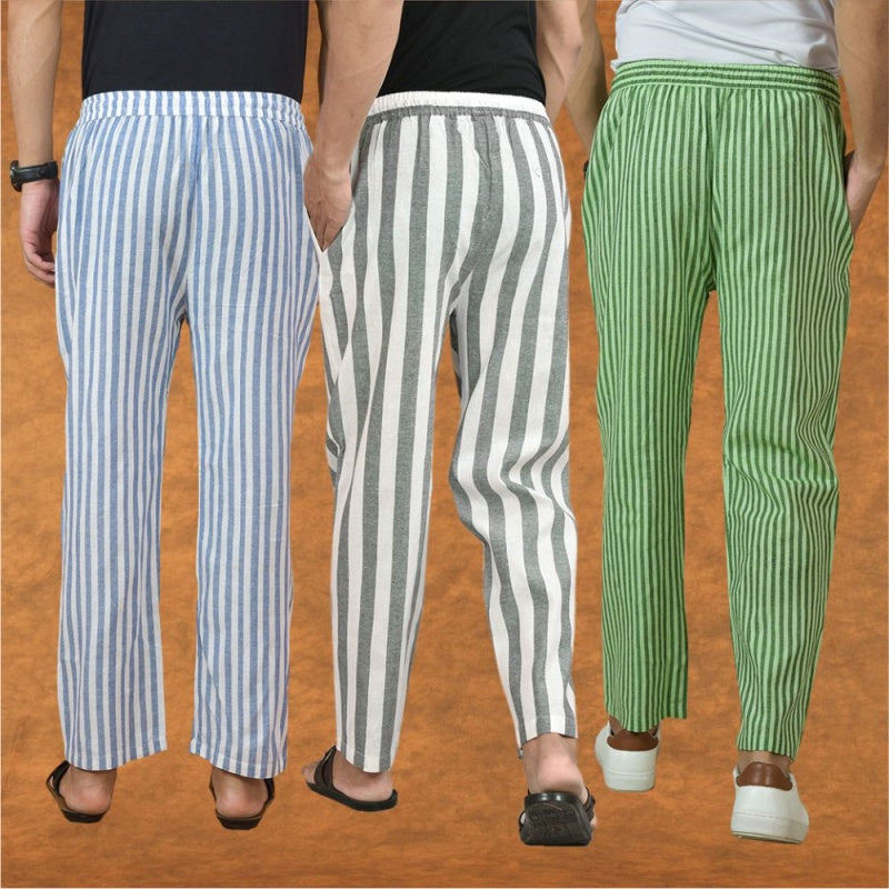 COMBO OF 3 MEN STRIPE COTTON HANDLOOM PANT GRAY OLIVE GREEN AND BLUE