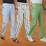 COMBO OF 3 MEN STRIPE COTTON HANDLOOM PANT GRAY OLIVE GREEN AND BLUE
